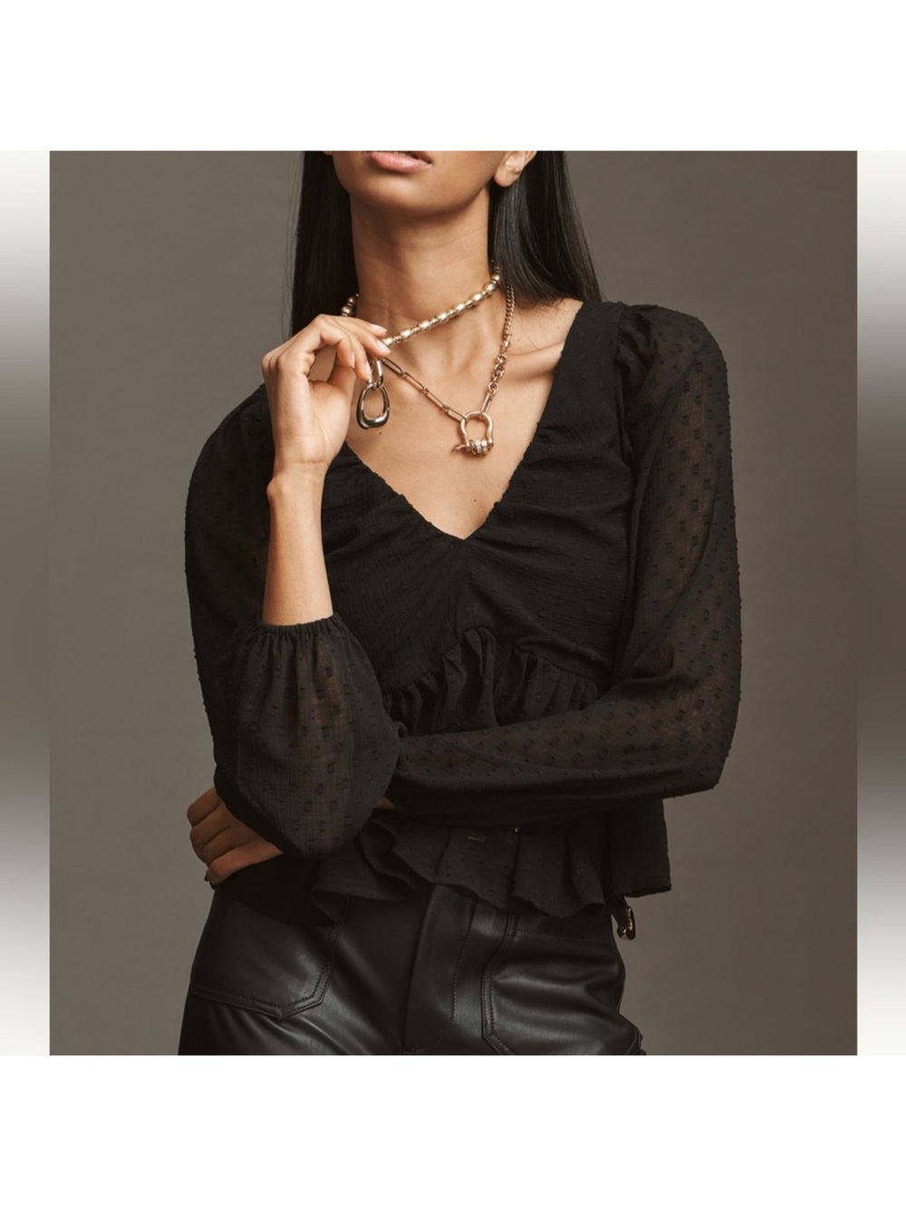 Anthropologie Black Sheer Swiss Dot V-Neck Blouse with Ruffle Hem